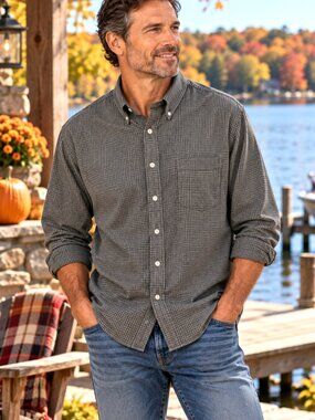 John Ashford Men’s Cotton Button-Down Shirt Autumn Woven Brown Plaid Size L